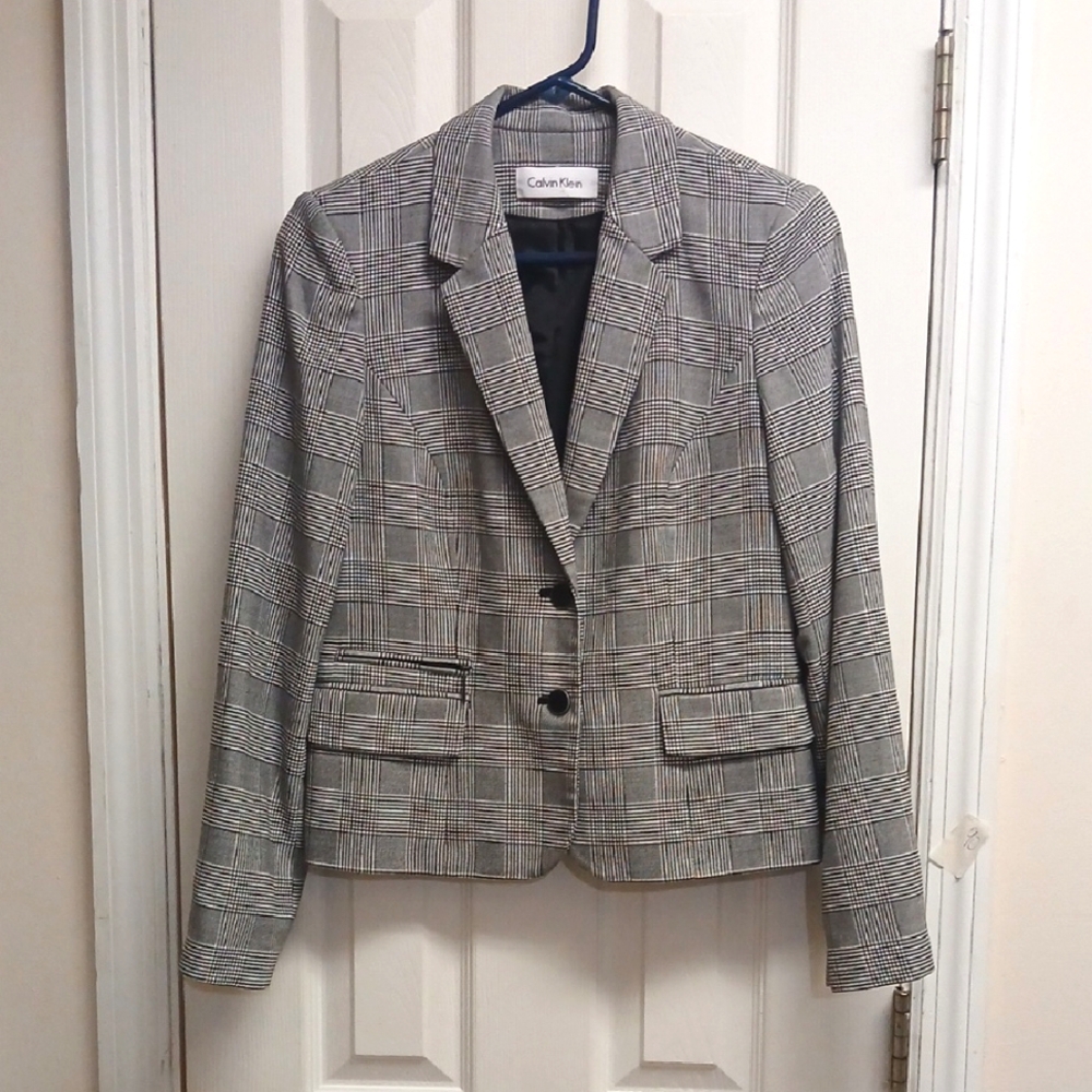 Calvin Klein Women's Black and White Checkered Blazer Size 10P